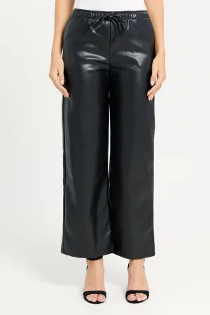 Women Black Leather Wide Leg  Pants