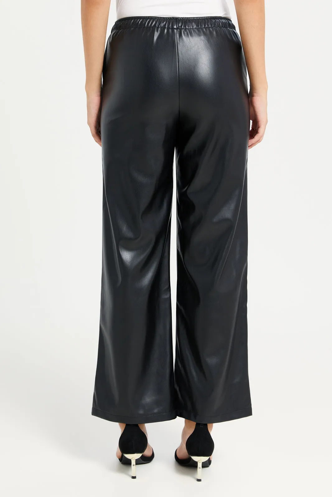 Women Black Leather Wide Leg  Pants