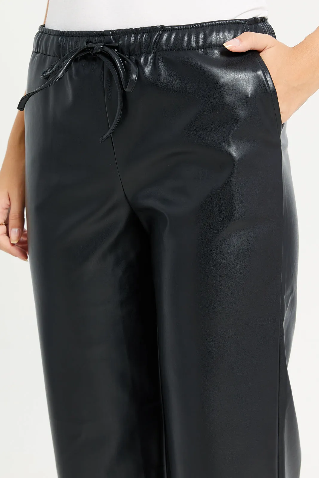 Women Black Leather Wide Leg  Pants