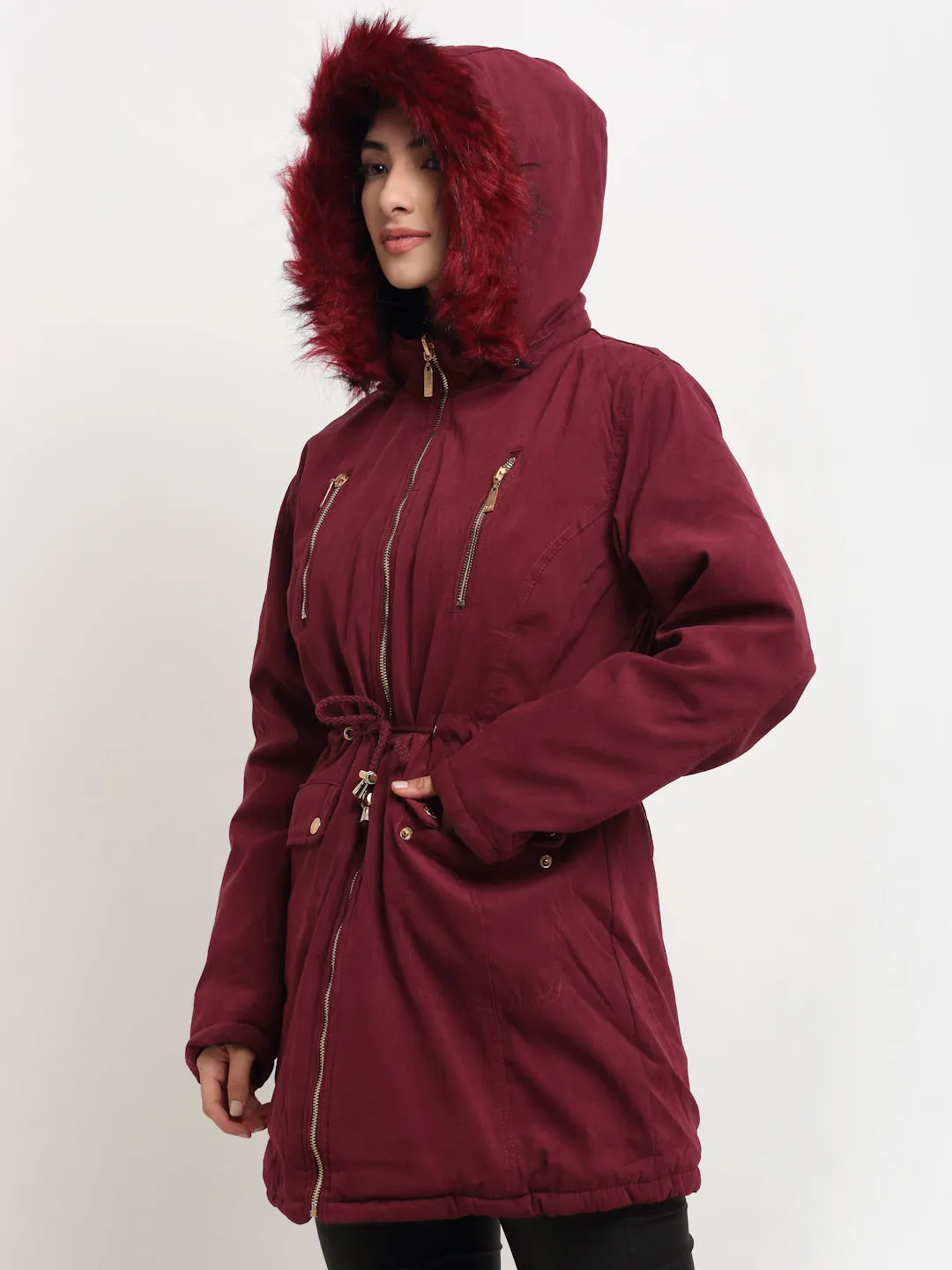 Women Maroon Straight  Hood Reversible Jacket