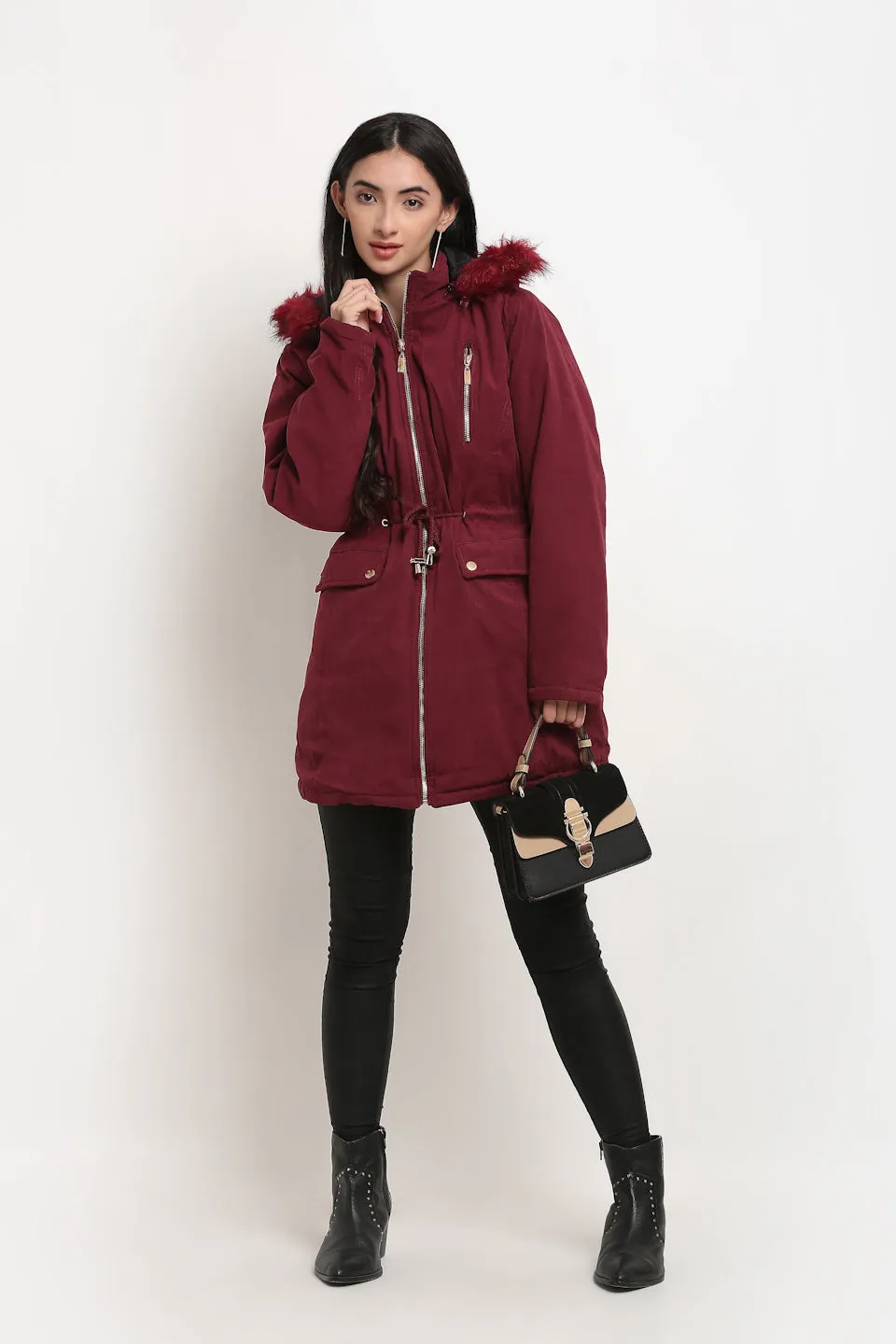 Women Maroon Straight  Hood Reversible Jacket