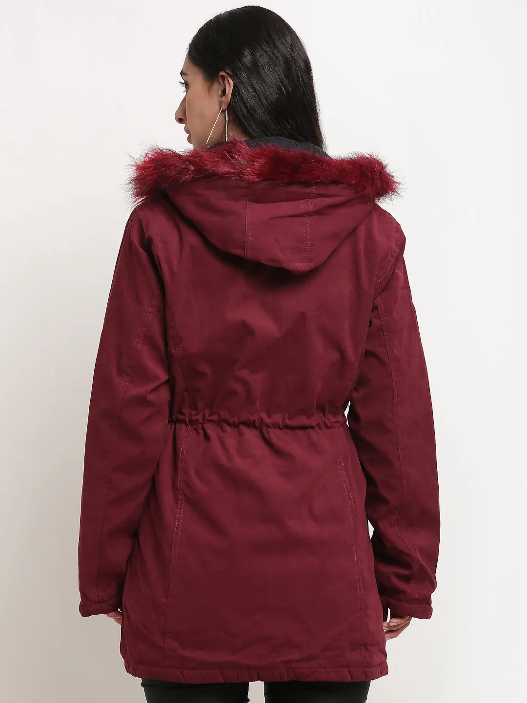 Women Maroon Straight  Hood Reversible Jacket