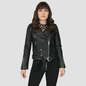 Women's Classic Fit Commando Lightweight Leather Jacket  - Black/Nickel