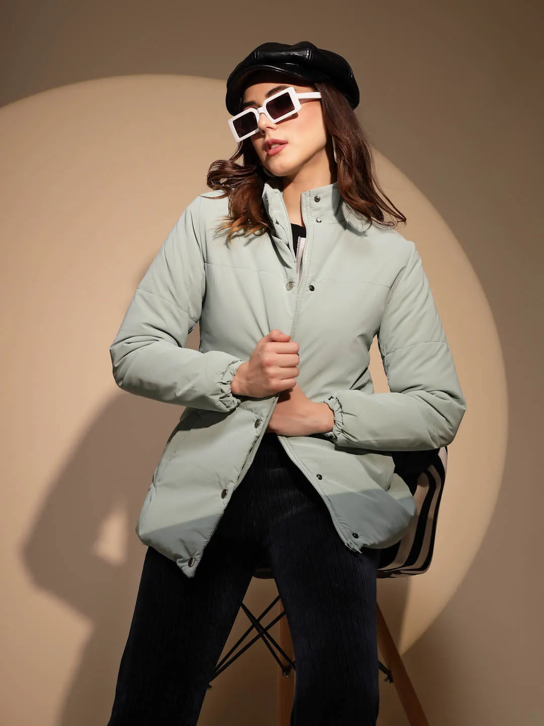 Women's Solid Turtle Neck Green Jacket