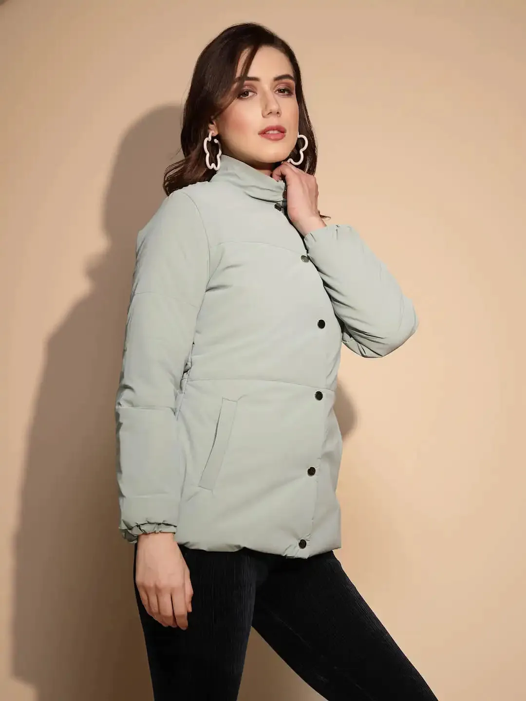 Women's Solid Turtle Neck Green Jacket